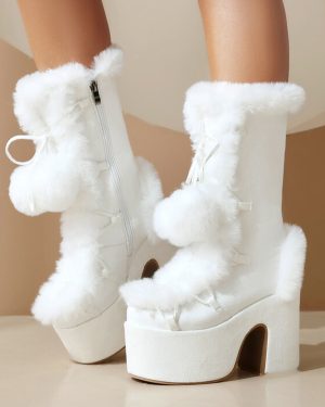 Sweet Lolita Boots Suede Nap Bows Round Toe White Lolita Footwear