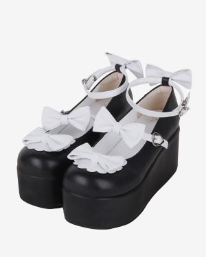 Sweet Lolita Footwear Black Butterfly Two-Tone PU Leather Wedge Heel Lolita Pumps