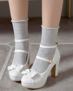 Sweet Lolita Footwear Bow Lace Leather Platform Chunky Heel Lolita Shoes
