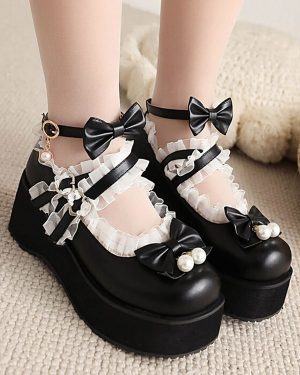 Sweet Lolita Footwear White Pearls Bows PU Leather Wedge Heel Lolita Pumps