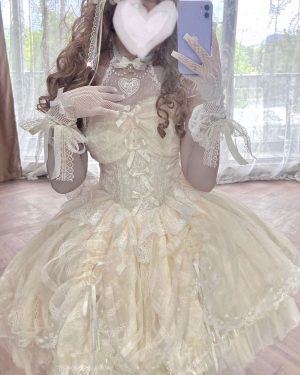 Sweet Lolita JSK Dress Ecru White Sleeveless Pearls Lace Lolita Jumper Skirts Wedding Dress