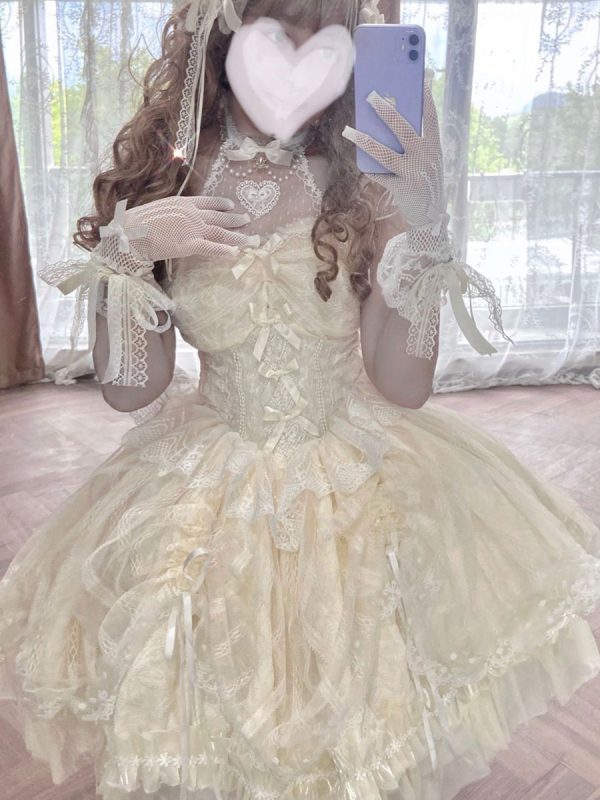 Sweet Lolita JSK Dress Ecru White Sleeveless Pearls Lace Lolita Jumper Skirts Wedding Dress