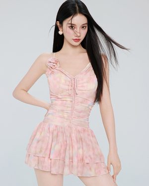 Sweet Lolita One Piece Swimsuit Pink Color Block Sleeveless Swimwear