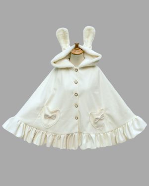 Sweet Lolita Poncho Hooded Faux Fur Bunny Print Ruffles Bows White Lolita Cape Coat