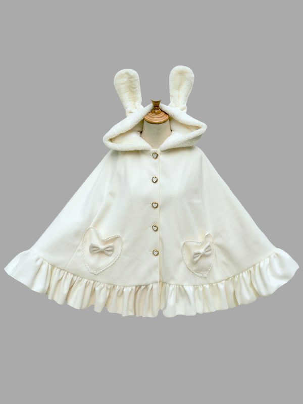 Sweet Lolita Poncho Hooded Faux Fur Bunny Print Ruffles Bows White Lolita Cape Coat