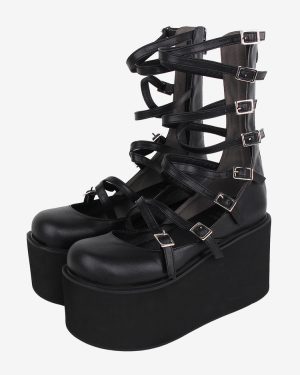 Sweet Lolita Sandals Lace up Round Toe PU Leather Black Lolita Summer Shoes