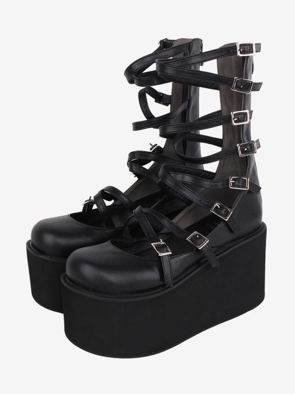 Sweet Lolita Sandals Lace up Round Toe PU Leather Black Lolita Summer Shoes
