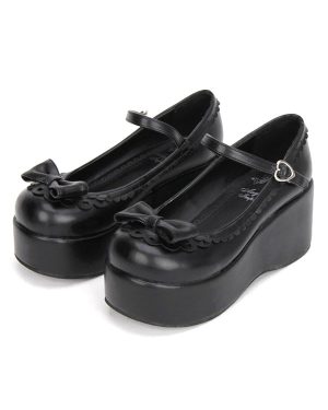 Sweet Lolita Shoes Black Platform Wedge Ankle Strap Lolita Shoes With Bow