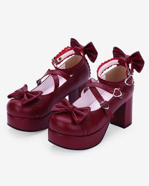 Sweet Lolita Shoes Bow Strappy Platform Chunky Heel Burgundy Lolita Footwear