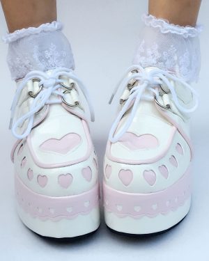 Sweet Lolita Shoes Platform Wedge Lace Up Heart Round Toe Lolita Footwear
