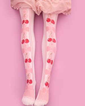 Sweet Lolita Stockings Pink Velvet Cherry Printed Lolita Knee High Socks