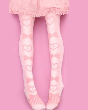 Sweet Lolita Stockings Pink Velvet Heart Bow Printed Lolita Knee High Socks