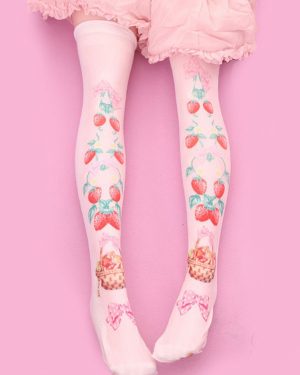 Sweet Lolita Stockings Strawberry Pink Velvet Printed Lolita Knee High Socks