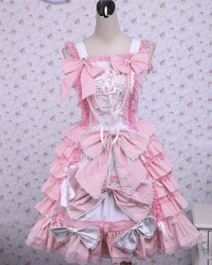 Sweet Pink Cotton Loltia Jumper Dress Bows Layers Ruffles