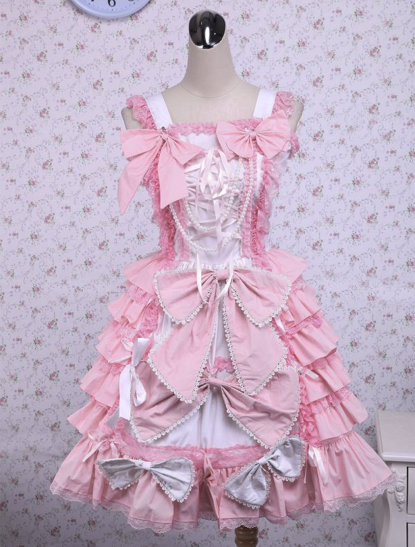 Sweet Pink Cotton Loltia Jumper Dress Bows Layers Ruffles