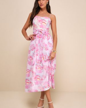 Sweetheart Status Pink Floral Sleeveless A-Line Midi Dress