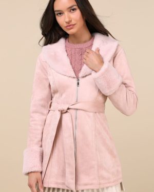 Sweetly Cozy Light Pink Vegan Suede Faux Fur Coat