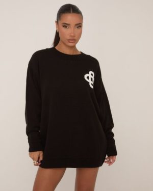 Swirl Detail Oversized Jumper Dress In Black Knit, Women's Size UK Small S