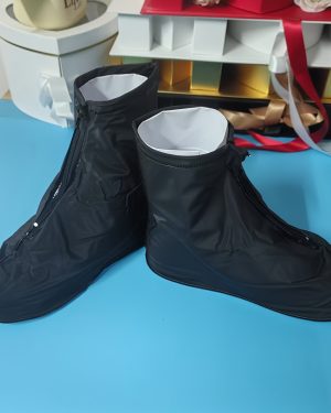 TEMU 1 Pair Waterproof Zipper Boot Covers - , Non-slip, Thickened Pvc Material For Travel, Sports & Cycling - Black Rain Gear With White Lining,