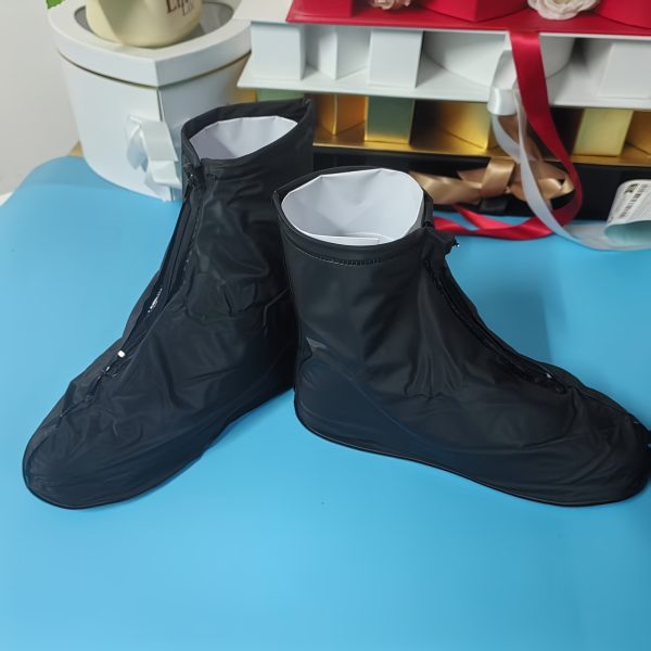 TEMU 1 Pair Waterproof Zipper Boot Covers - , Non-slip, Thickened Pvc Material For Travel, Sports & Cycling - Black Rain Gear With White Lining,
