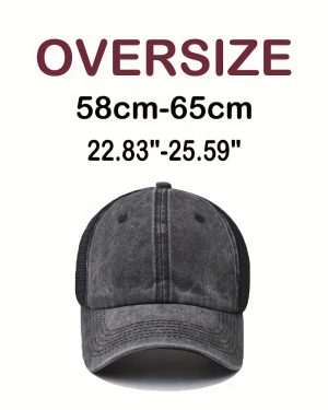 TEMU 1-pack Oversized Xxl Black Washed Baseball Cap For - Lightweight Breathable Mesh Back, For Big Heads, Casual Unisex Hat, Outdoor Accessory, ,