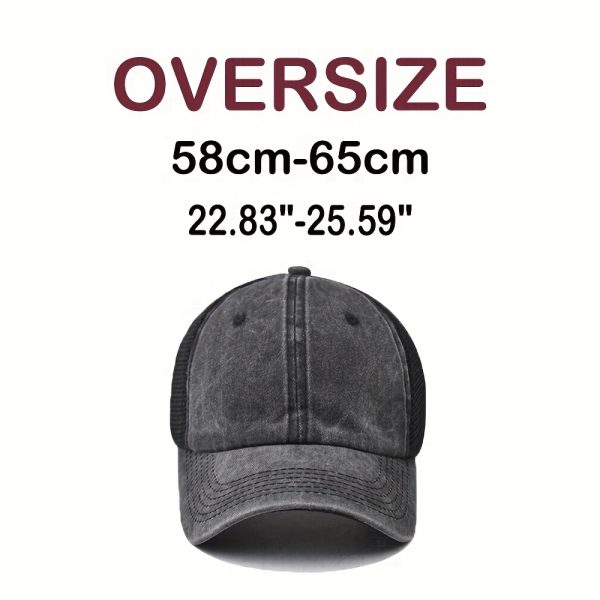 TEMU 1-pack Oversized Xxl Black Washed Baseball Cap For - Lightweight Breathable Mesh Back, For Big Heads, Casual Unisex Hat, Outdoor Accessory, ,