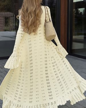 TEMU 2025 Spring And Summer New Sexy V-neck Long Sleeve Knitted Sun Dress For Women, Slim Fit Casual Vacation , Hollow Trumpet Sleeve Boho Skirt