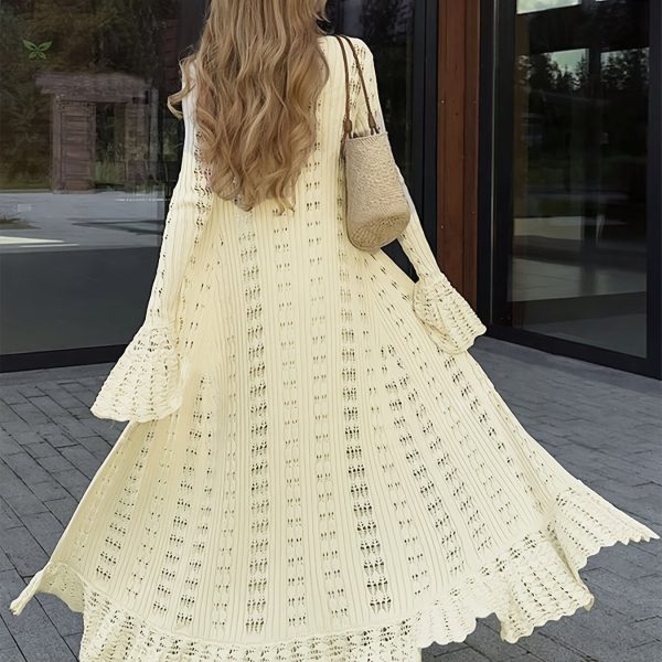 TEMU 2025 Spring And Summer New Sexy V-neck Long Sleeve Knitted Sun Dress For Women, Slim Fit Casual Vacation , Hollow Trumpet Sleeve Boho Skirt