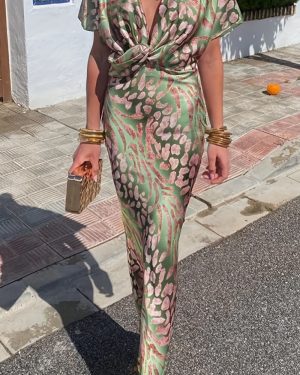 TEMU 2025 Spring Summer Women's Floral Print V-neck Long Dress - Asymmetrical Waist, Bodycon Fit, Sleeveless With Golden Bracelets, Vacation & Casual