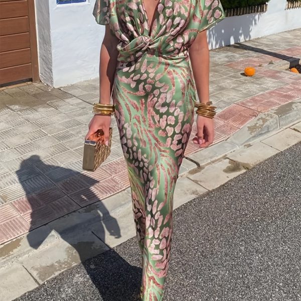 TEMU 2025 Spring Summer Women's Floral Print V-neck Long Dress - Asymmetrical Waist, Bodycon Fit, Sleeveless With Golden Bracelets, Vacation & Casual