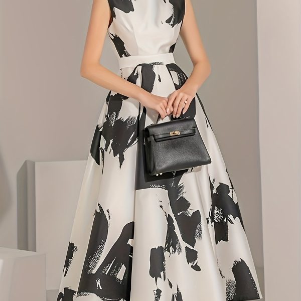 TEMU 2025 Summer Women's Elegant Black & White Geometric Print A-line Dress - Sleeveless Round Neck Long Flared Skirt, Machine Washable Lightweight