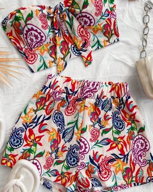 TEMU 2pcs Colorful Paisley Print Halter Top With Bow Neckline And Elastic Waist Shorts, New Year Outfit, Winter Women's Wear, Eve Dress, Western
