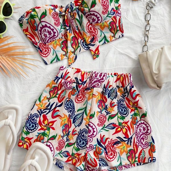 TEMU 2pcs Colorful Paisley Print Halter Top With Bow Neckline And Elastic Waist Shorts, New Year Outfit, Winter Women's Wear, Eve Dress, Western