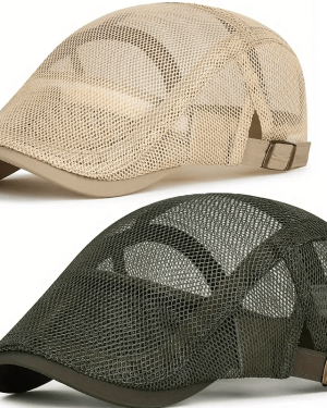 TEMU 2pcs Unisex Breathable Mesh Beret Hats - Lightweight Summer With Adjustable Strap & , Outdoor Activities, Travel, And Casual Wear, Versatile