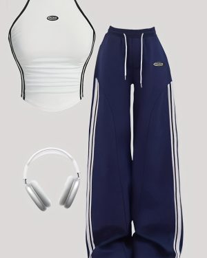 TEMU 2pcs Women's Fashionable Activewear Set - Sleeveless Crop Top & Wide-leg Pants With Stripe Detail, Polyester, Y2k Style, Wear, Casual Attire|y2k