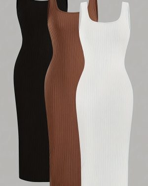 TEMU 3pcs Sleeveless Sheath Dresses - Elegant Square Neck, Bodycon Style, Solid Color, Spring/summer, Casual Long Dresses, Casual Attire | Elegant