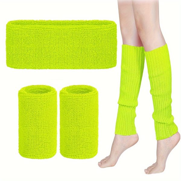 TEMU 3pcs Women's 80s Neon & Hip Hop Accessory Set, Retro Style Yoga Workout Kit With Headband, Wristbands & Leg Warmers, Parties, Social Events,