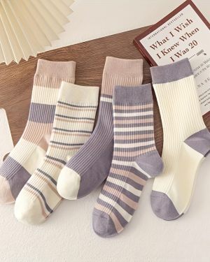 TEMU 5 Pairs Striped Crew Socks, Vintage Style Simple Mid Tube Socks For Fall & Winter, Women's Stockings & Hosiery
