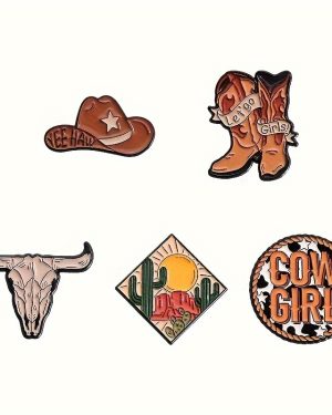 TEMU 5pcs Western Cowboy Hat, Boot Hat, Metal Badge, Enamel Pin, Alloy Drip Oil Brooch, Clothes, Backpack Accessories, Accessories, For Gifts