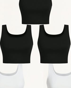 TEMU 5pcs Women' Sleeveless Crop Tops - Off-shoulder Yoga Tops With Deep Round Neck, Solid Color Casual Summer Tops For Gym & Casual Attire,