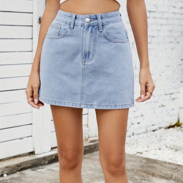TEMU Blooven Women's Summer Washed Blue Denim Mini Skirt - Lightweight Rayon-polyester Blend, Stretchy Casual Pencil Skirt With Pockets, Machine