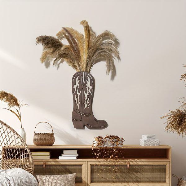 TEMU Boho Style Wooden Cowboy Boots Wall Planter - Rustic Green Hanging Vase For Indoor/outdoor, Bathroom And Bedroom Decor, Not Waterproof, Brown,