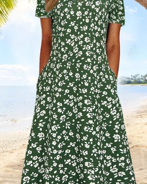 TEMU Chic Floral Print V-neck Midi Dress For Women - Sleeveless, Peplum Style, Summer Vacations