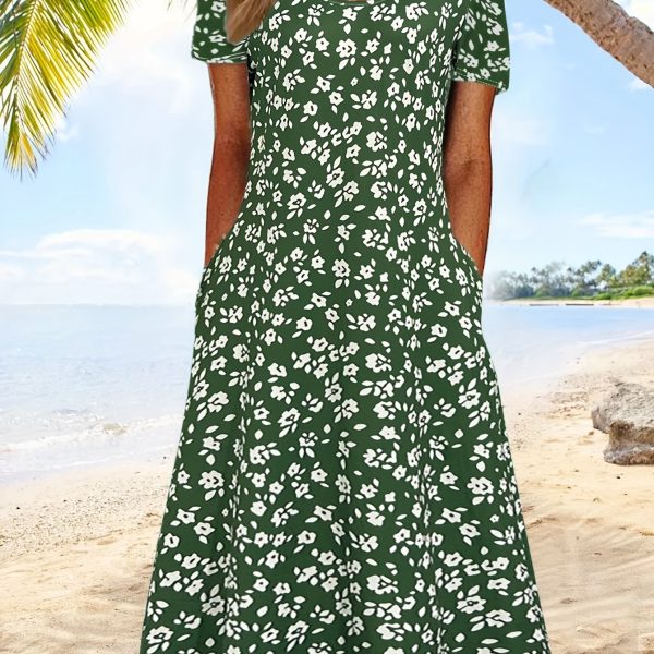 TEMU Chic Floral Print V-neck Midi Dress For Women - Sleeveless, Peplum Style, Summer Vacations
