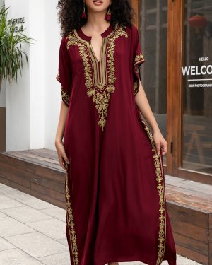 TEMU Chic Golden Embroidered V Neck Loose Fit Batwing Sleeve Side Split Up Kaftan Dress, Women's Plus Size Swimwear & Clothing