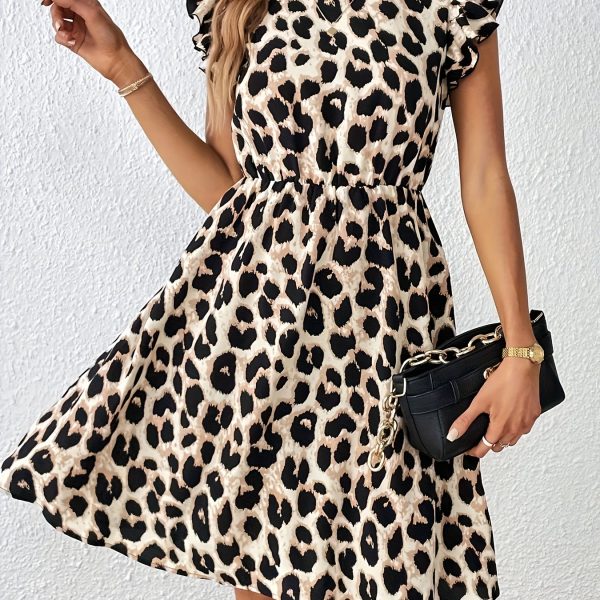 TEMU Chic Leopard Print Women's Midi Dress With Ruffle Sleeves - Casual Round Neck A-line Swing, Black & White Pattern, Summer, Leopard Print Dress