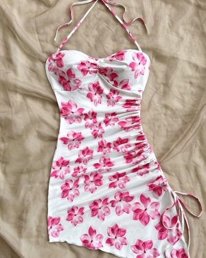 TEMU Chic Women's Floral Print Asymmetrical Hem Halter Dress - Sleeveless, Tie-front Detail, Romantic , Summer Layering