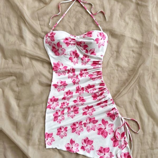 TEMU Chic Women's Floral Print Asymmetrical Hem Halter Dress - Sleeveless, Tie-front Detail, Romantic , Summer Layering