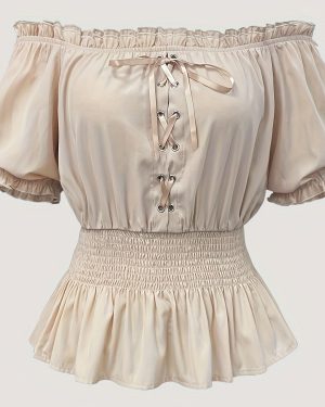 TEMU Elegant Beige Corset Top For Women - Sleeveless, Lace-up Front With Bow Detail, Cinched Waist, Spring/summer/fall, Spring Fashion Top | Corset