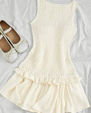 TEMU Elegant Beige Pleated Mini Dress With Hem - Sleeveless, Peplum Top, Spring/summer, Adult Fashion, Casual Attire| Hem Dress|crew Neckline, Plus
